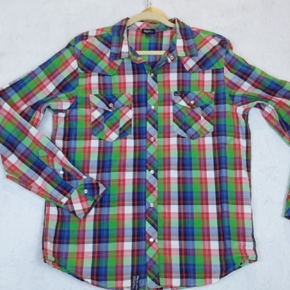 LRG Wovens| Multicolor Blue Green Plaid Pearl Snap Cowboy Western Dress Shirt L